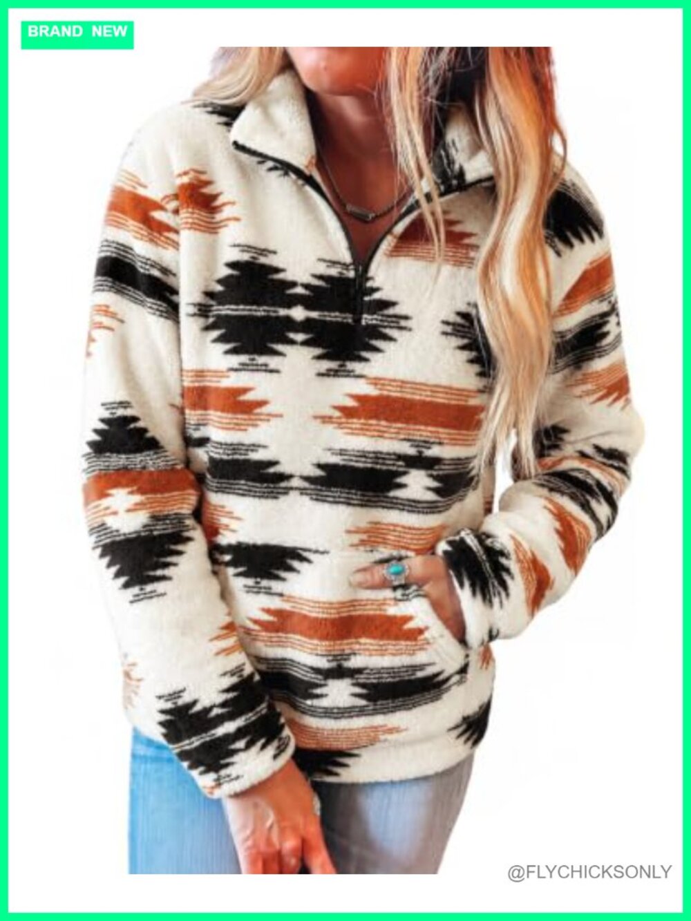 Aztec Half Zip Sherpa Fleece Hoodie Sweatshirt Women Western Pullover